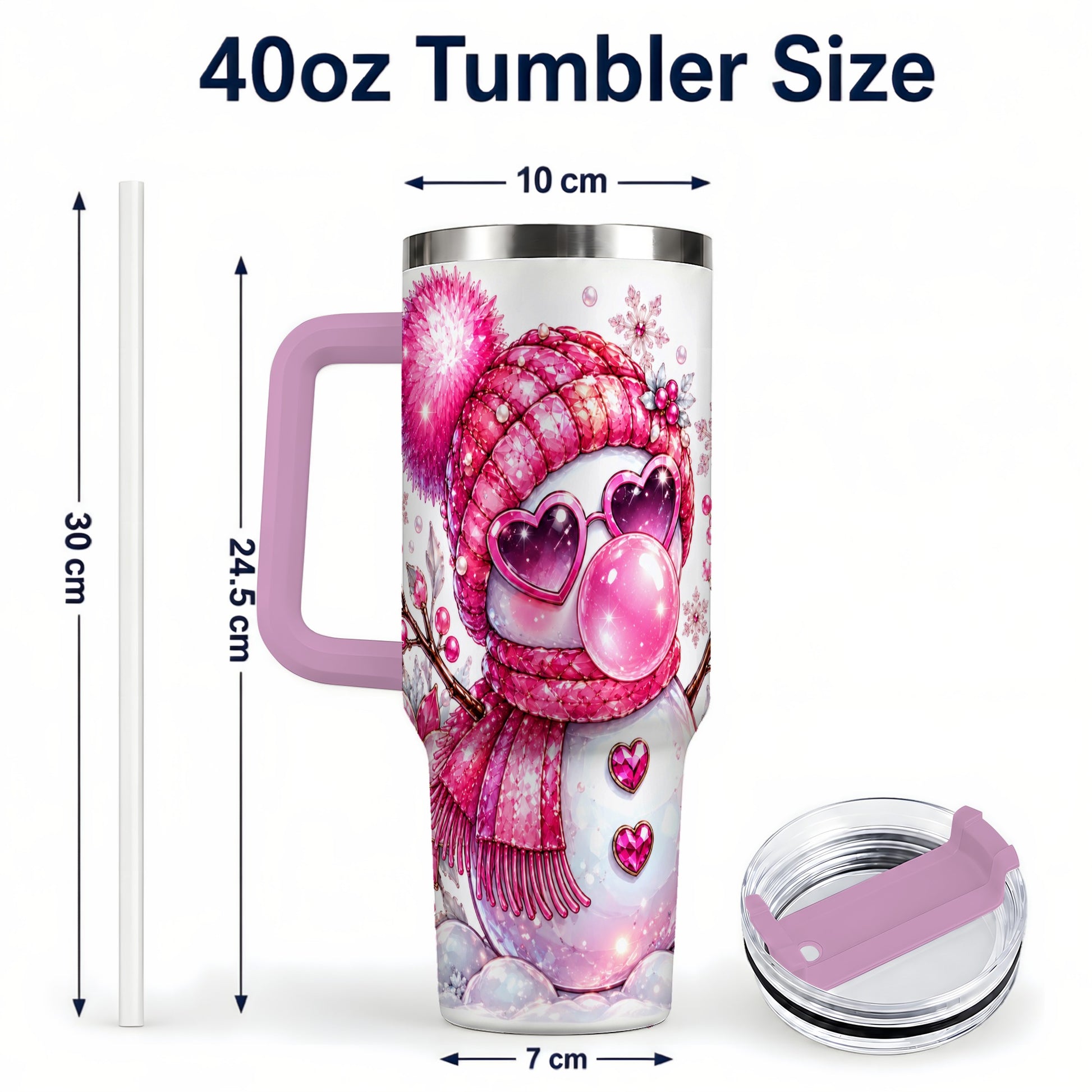 #pl[40oz|Pink] Pink Snowman 40oz Tumbler with Handle, Playful Winter Travel Cup