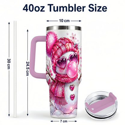 #pl[40oz|Pink] Pink Snowman 40oz Tumbler with Handle, Playful Winter Travel Cup