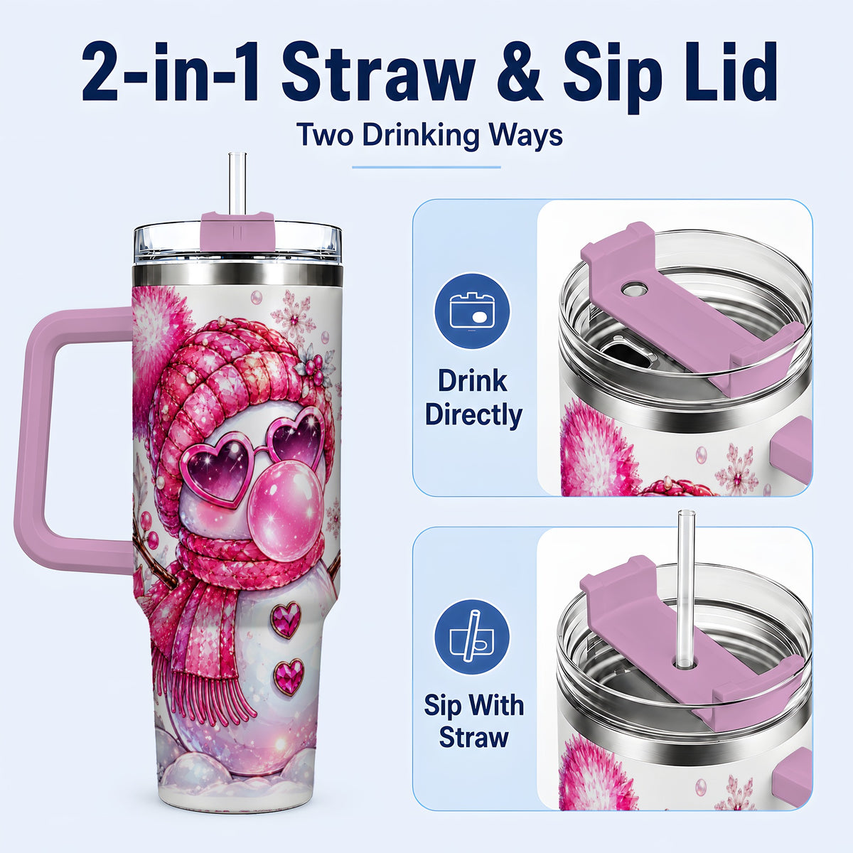 #pl[40oz|Pink] Pink Snowman 40oz Tumbler with Handle, Playful Winter Travel Cup
