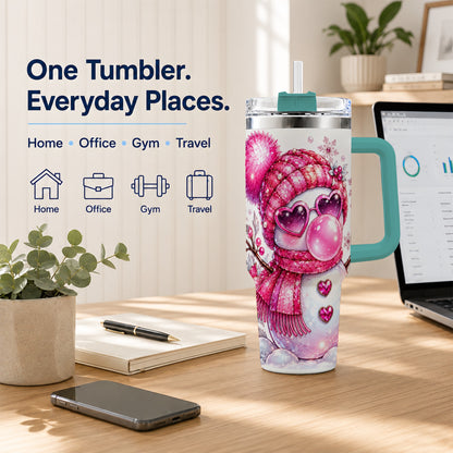 #pl[40oz|Green] Pink Snowman 40oz Tumbler with Handle, Playful Winter Travel Cup