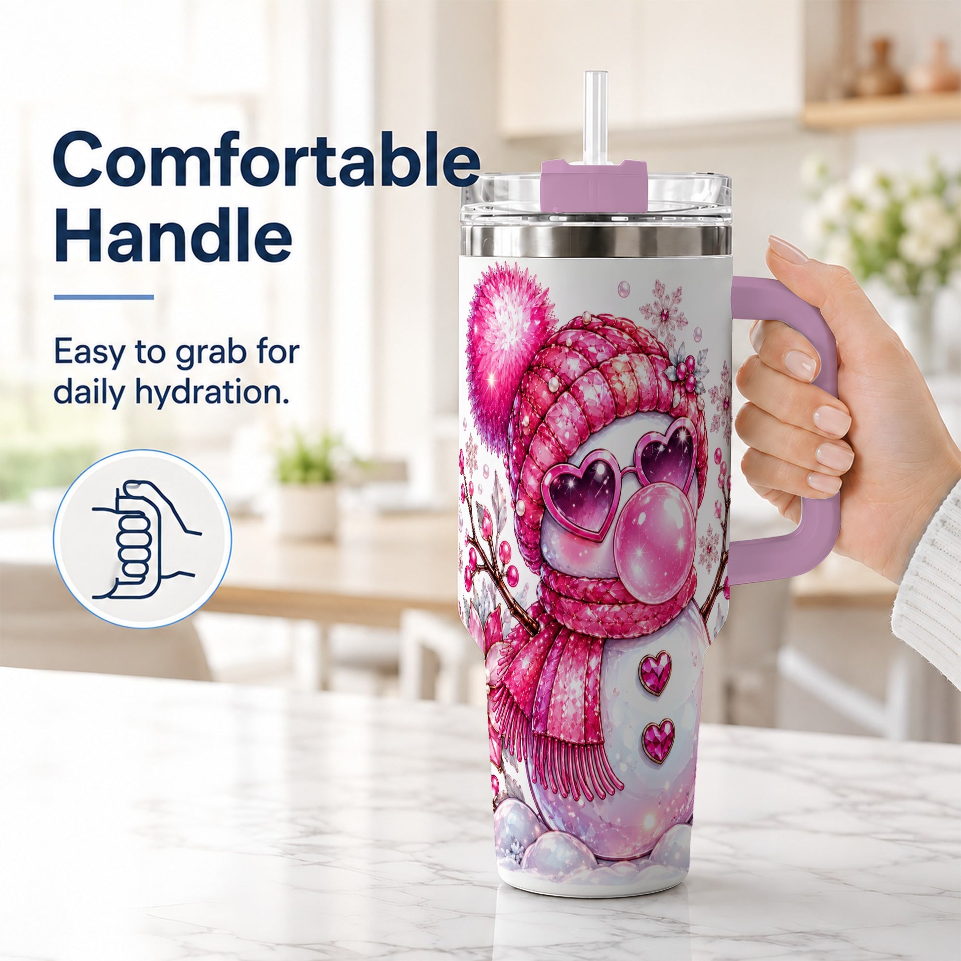 #pl[40oz|Pink] Pink Snowman 40oz Tumbler with Handle, Playful Winter Travel Cup