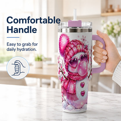 #pl[40oz|Pink] Pink Snowman 40oz Tumbler with Handle, Playful Winter Travel Cup