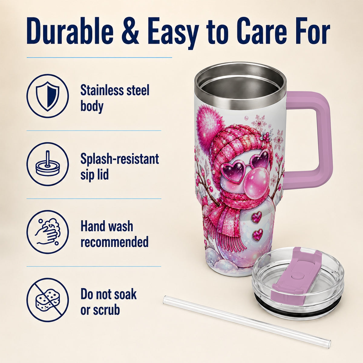 #pl[40oz|Pink] Pink Snowman 40oz Tumbler with Handle, Playful Winter Travel Cup