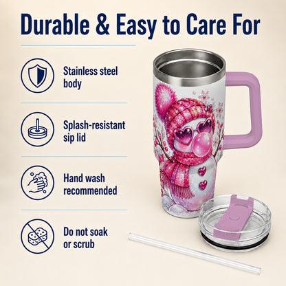 #pl[40oz|Pink] Pink Snowman 40oz Tumbler with Handle, Playful Winter Travel Cup