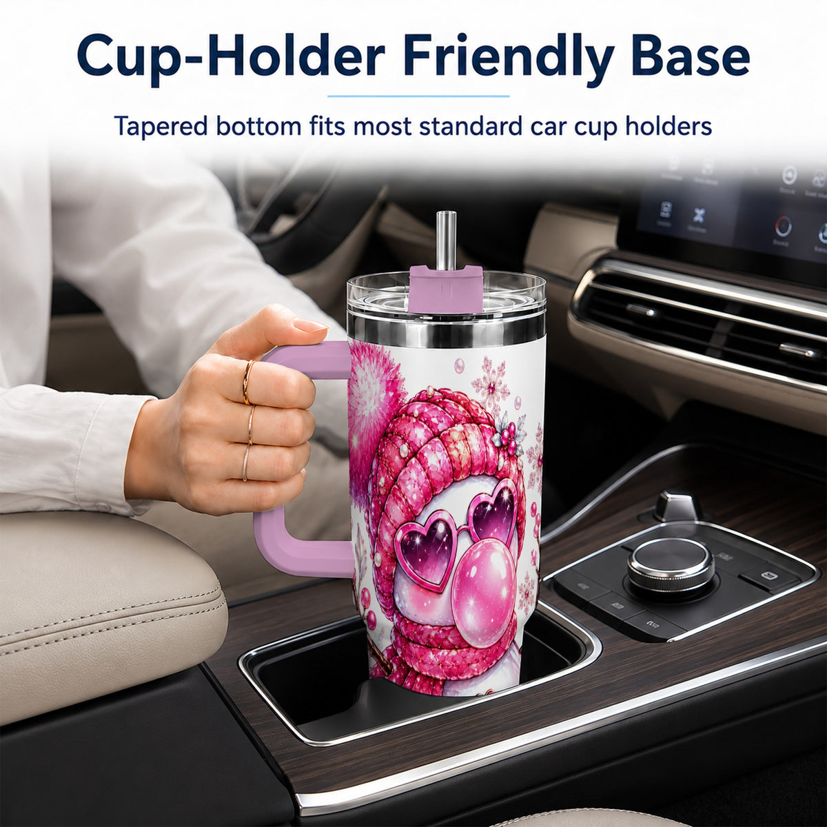 #pl[40oz|Pink] Pink Snowman 40oz Tumbler with Handle, Playful Winter Travel Cup