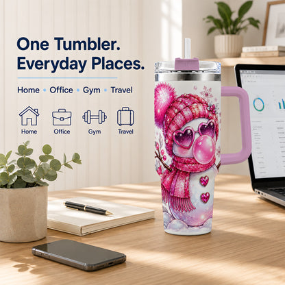 #pl[40oz|Pink] Pink Snowman 40oz Tumbler with Handle, Playful Winter Travel Cup