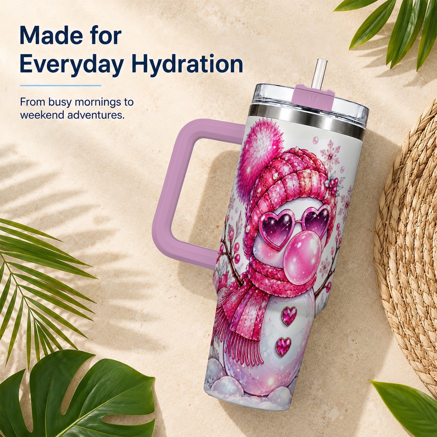 #pl[40oz|Pink] Pink Snowman 40oz Tumbler with Handle, Playful Winter Travel Cup