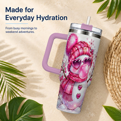 #pl[40oz|Pink] Pink Snowman 40oz Tumbler with Handle, Playful Winter Travel Cup