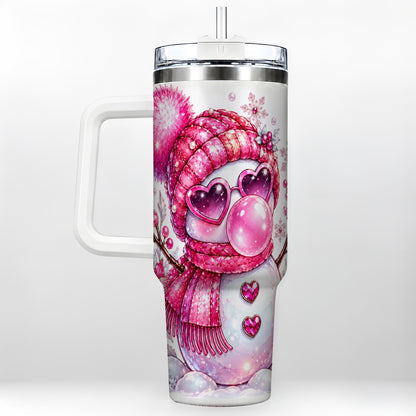 Pink Snowman 40oz Tumbler with Handle, Playful Winter Travel Cup