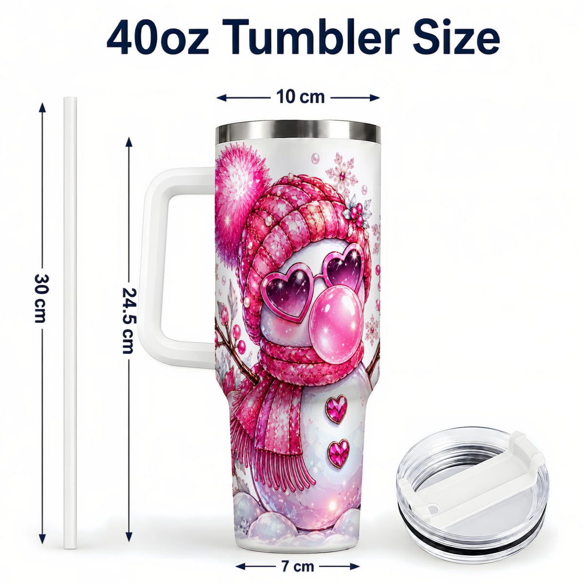 #pl[40oz|White] Pink Snowman 40oz Tumbler with Handle, Playful Winter Travel Cup