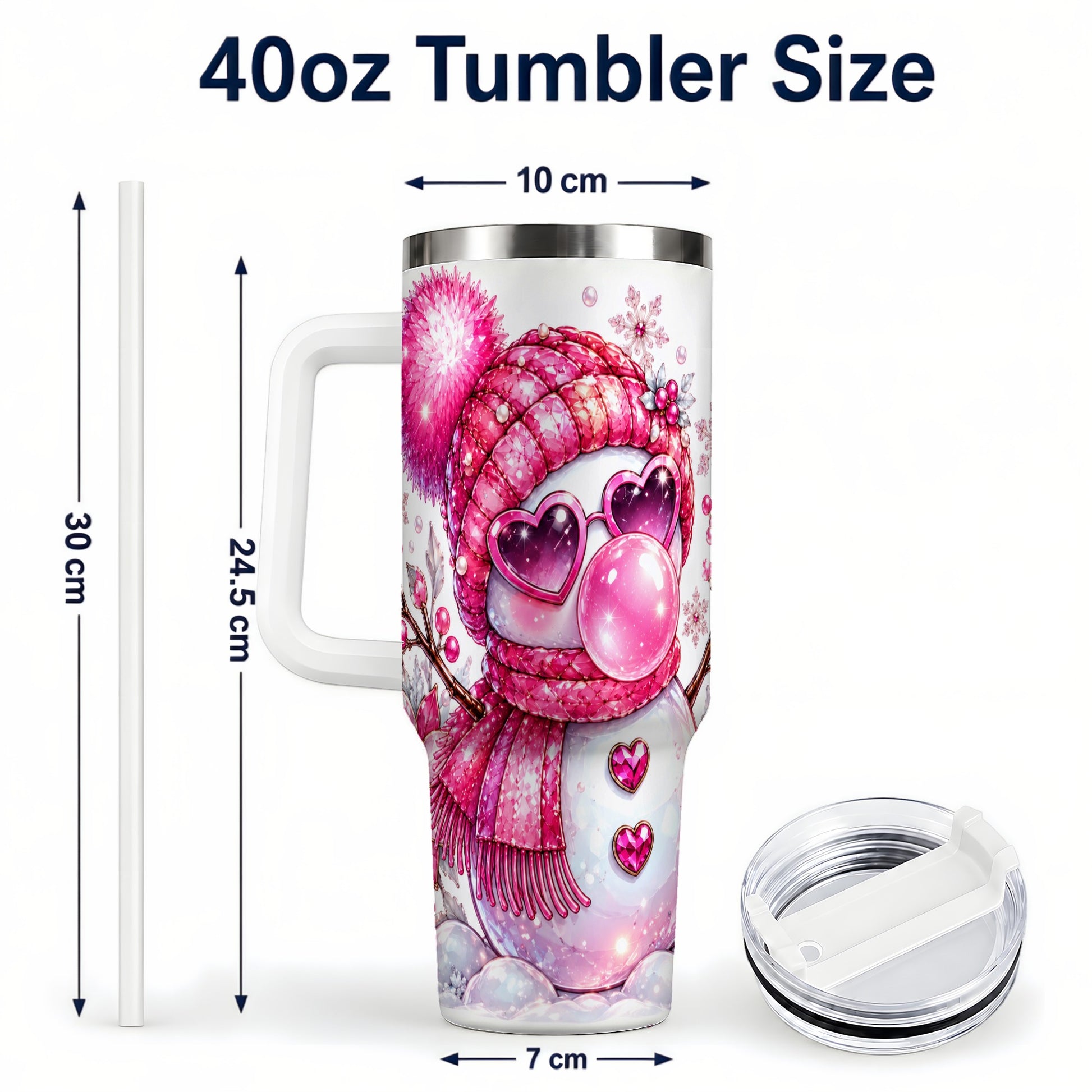 #pl[40oz|White] Pink Snowman 40oz Tumbler with Handle, Playful Winter Travel Cup