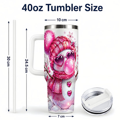 #pl[40oz|White] Pink Snowman 40oz Tumbler with Handle, Playful Winter Travel Cup