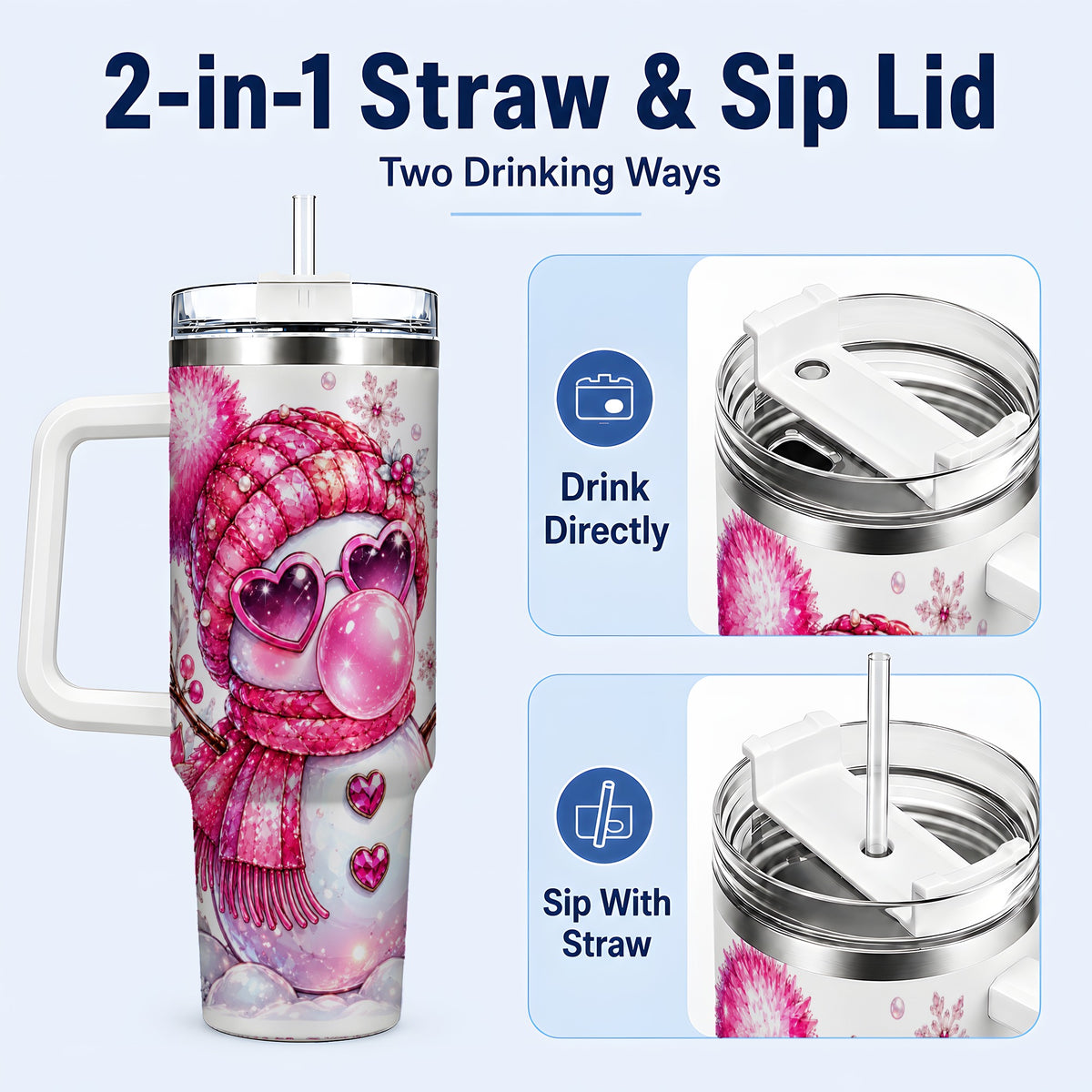 #pl[40oz|White] Pink Snowman 40oz Tumbler with Handle, Playful Winter Travel Cup