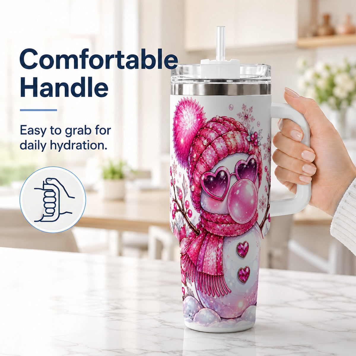 #pl[40oz|White] Pink Snowman 40oz Tumbler with Handle, Playful Winter Travel Cup