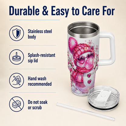 #pl[40oz|White] Pink Snowman 40oz Tumbler with Handle, Playful Winter Travel Cup