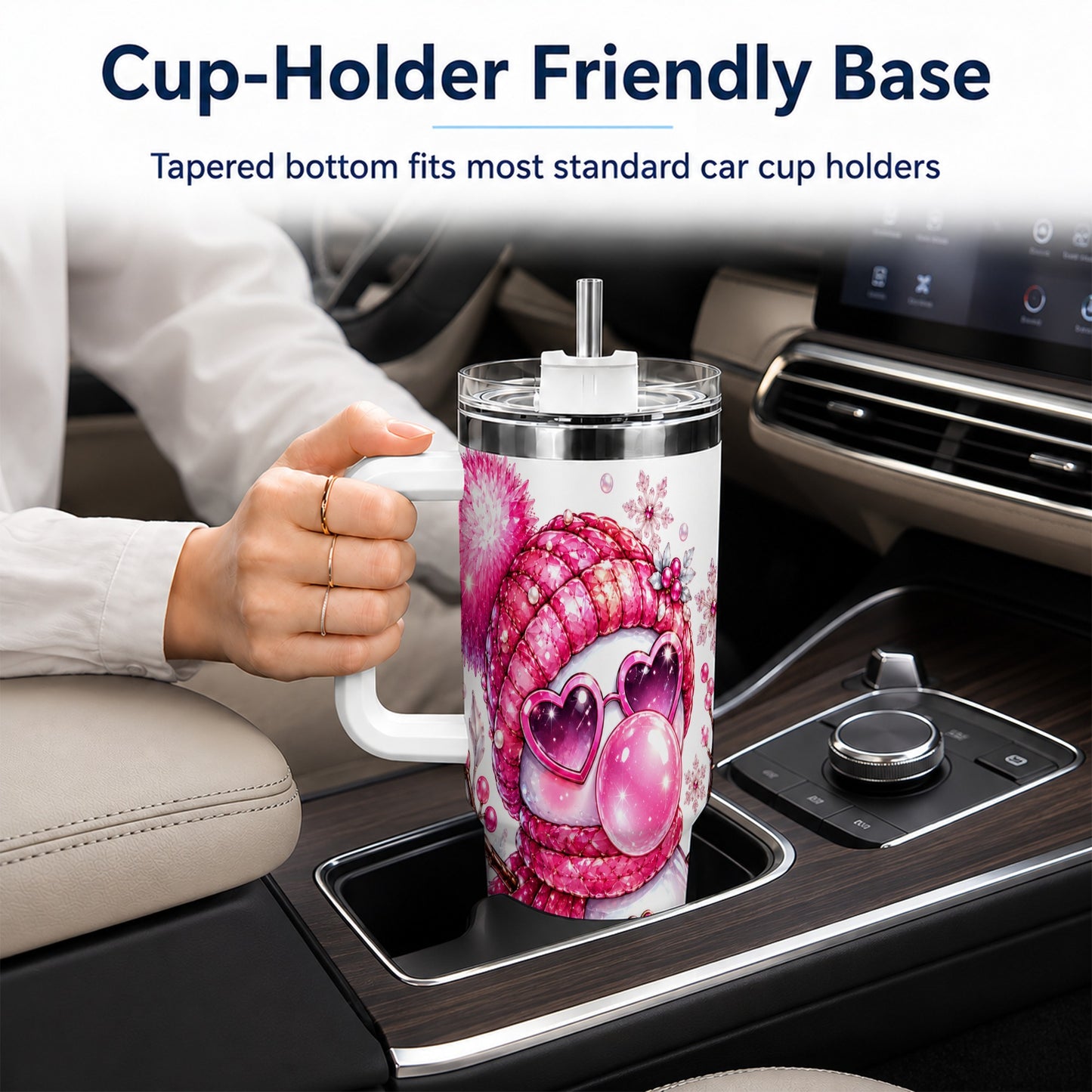 #pl[40oz|White] Pink Snowman 40oz Tumbler with Handle, Playful Winter Travel Cup