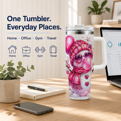 #pl[40oz|White] Pink Snowman 40oz Tumbler with Handle, Playful Winter Travel Cup
