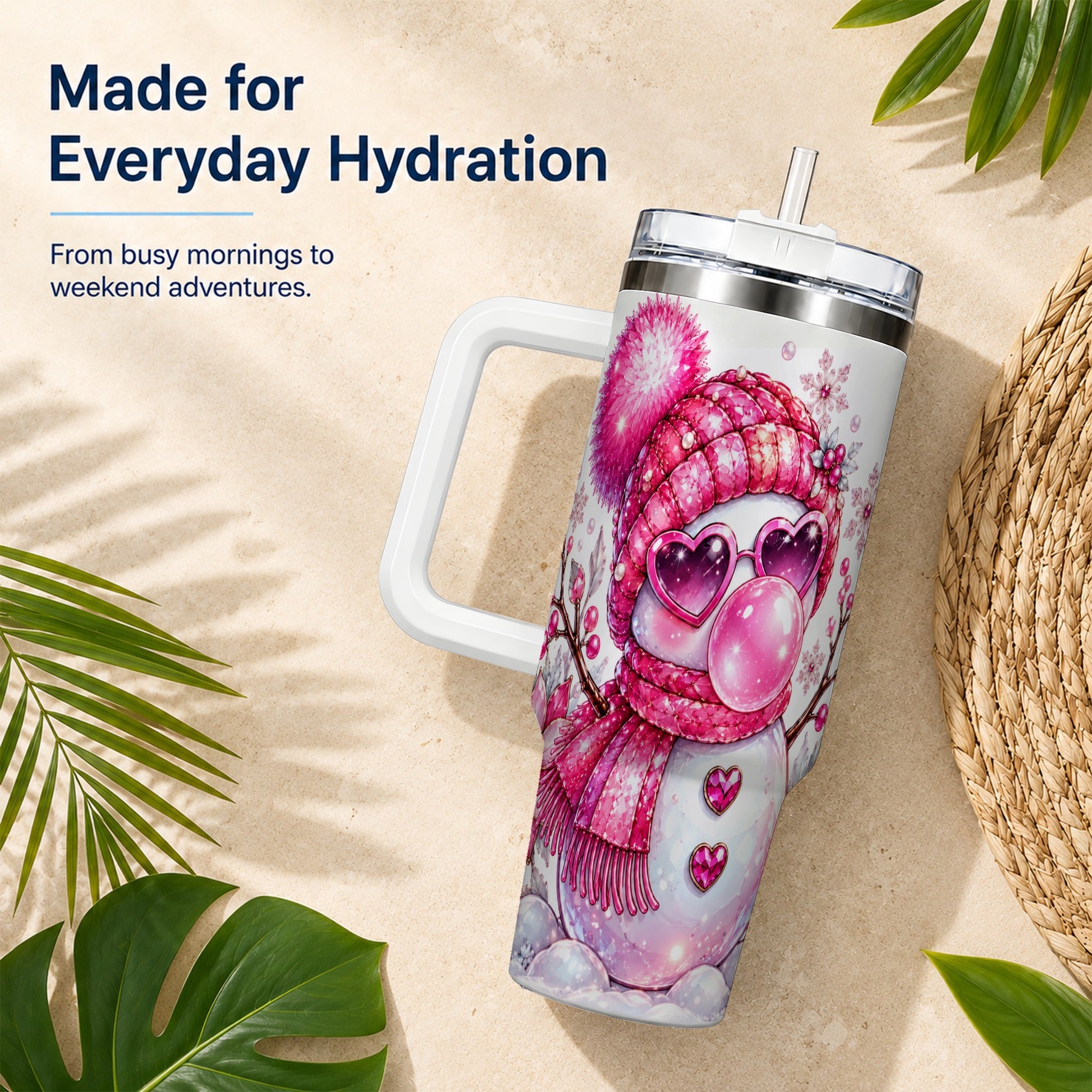#pl[40oz|White] Pink Snowman 40oz Tumbler with Handle, Playful Winter Travel Cup