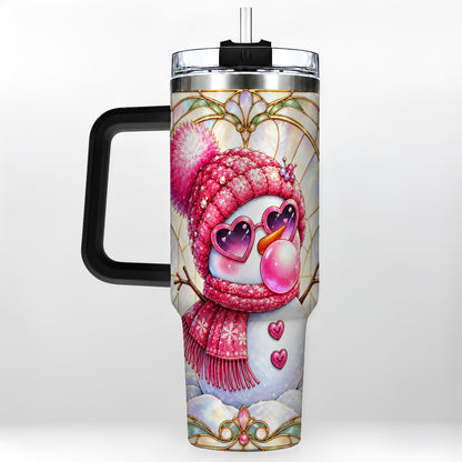 #pl[40oz|Black] Pink Snowman 40oz Tumbler with Handle, Winter Stainless Steel Travel Cup