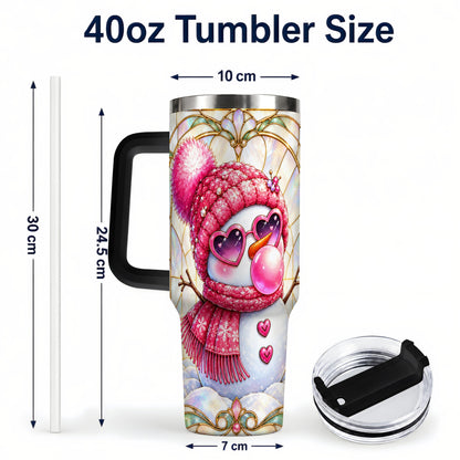 #pl[40oz|Black] Pink Snowman 40oz Tumbler with Handle, Winter Stainless Steel Travel Cup