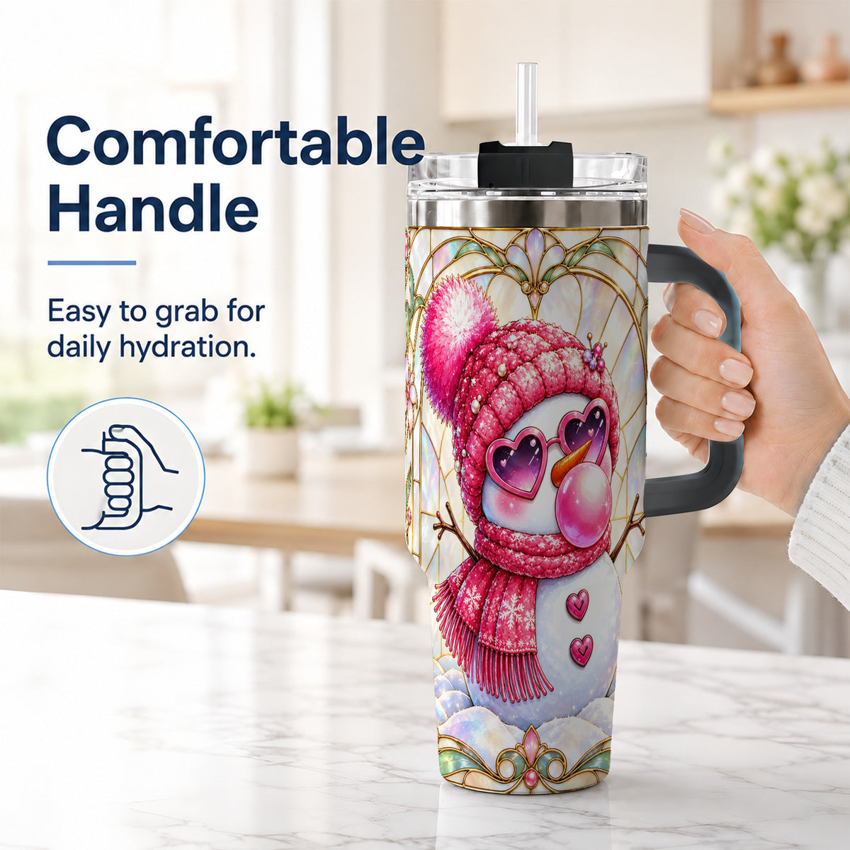 #pl[40oz|Black] Pink Snowman 40oz Tumbler with Handle, Winter Stainless Steel Travel Cup