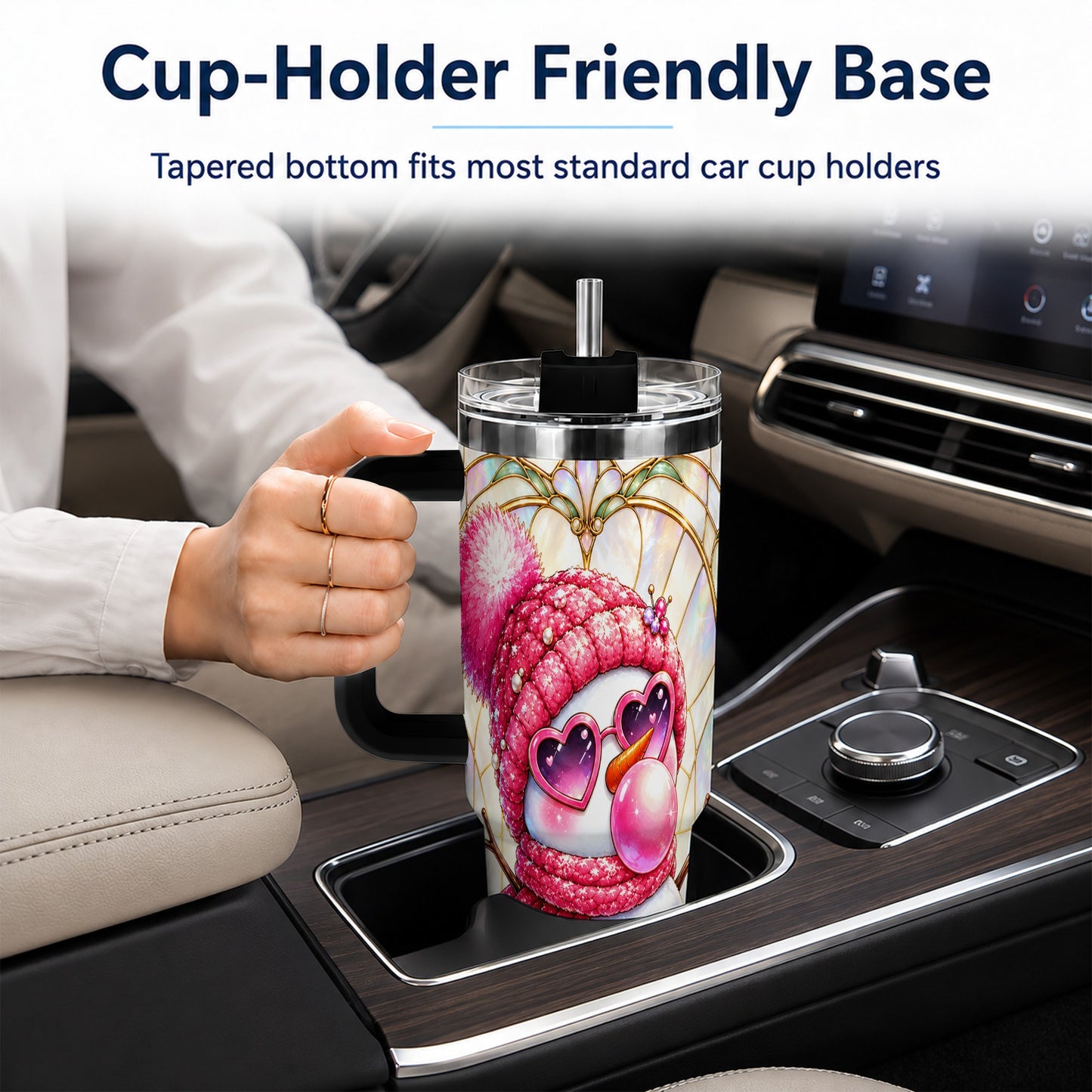#pl[40oz|Black] Pink Snowman 40oz Tumbler with Handle, Winter Stainless Steel Travel Cup