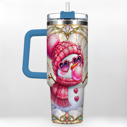 #pl[40oz|Blue] Pink Snowman 40oz Tumbler with Handle, Winter Stainless Steel Travel Cup