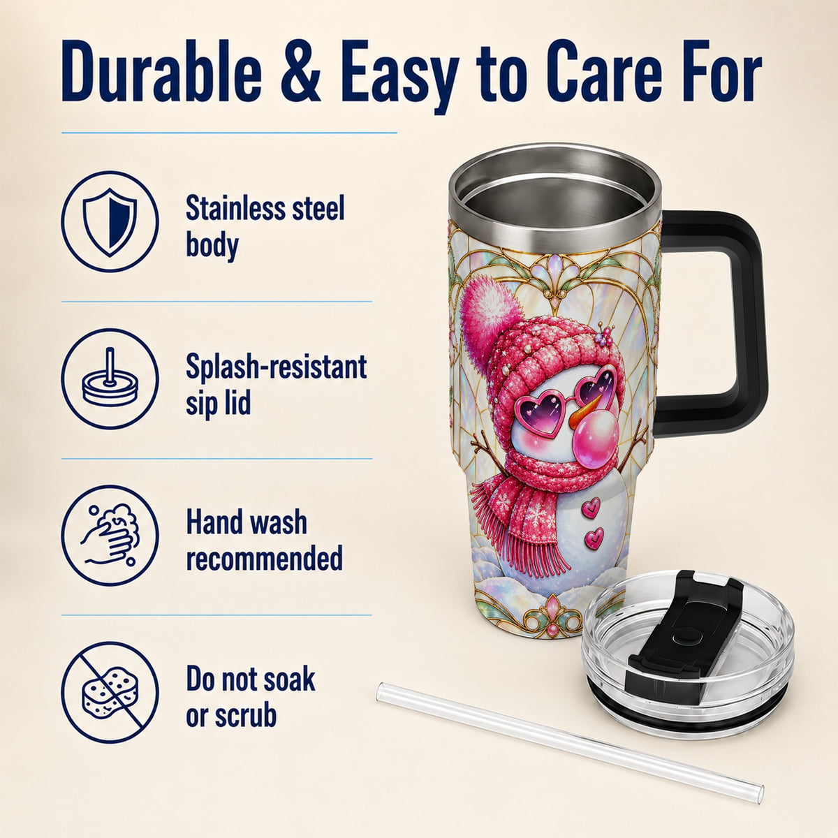 #pl[40oz|Black] Pink Snowman 40oz Tumbler with Handle, Winter Stainless Steel Travel Cup