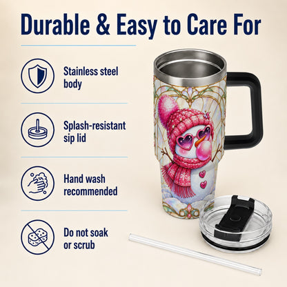 #pl[40oz|Black] Pink Snowman 40oz Tumbler with Handle, Winter Stainless Steel Travel Cup