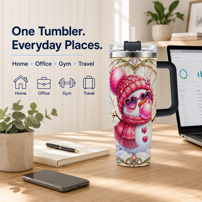 #pl[40oz|Black] Pink Snowman 40oz Tumbler with Handle, Winter Stainless Steel Travel Cup
