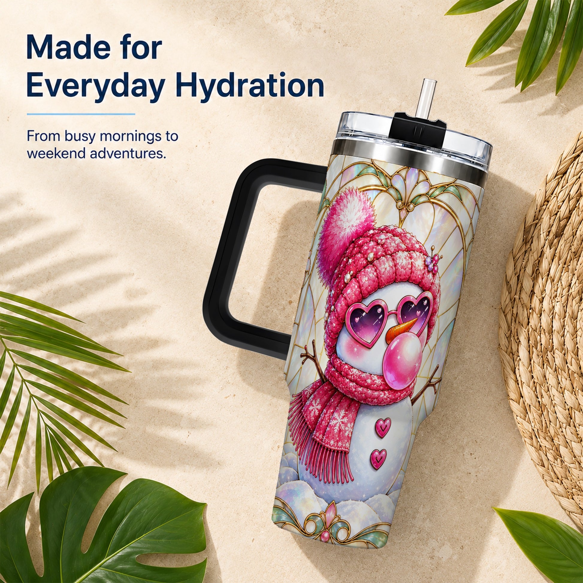 #pl[40oz|Black] Pink Snowman 40oz Tumbler with Handle, Winter Stainless Steel Travel Cup