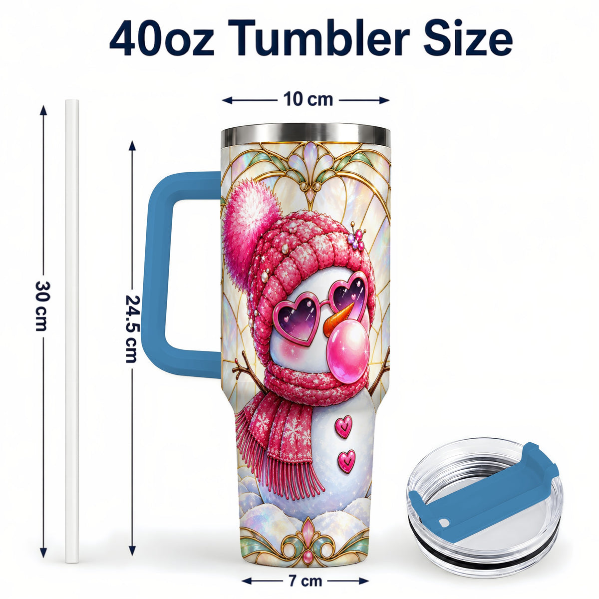 #pl[40oz|Blue] Pink Snowman 40oz Tumbler with Handle, Winter Stainless Steel Travel Cup