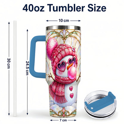 #pl[40oz|Blue] Pink Snowman 40oz Tumbler with Handle, Winter Stainless Steel Travel Cup