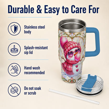 #pl[40oz|Blue] Pink Snowman 40oz Tumbler with Handle, Winter Stainless Steel Travel Cup