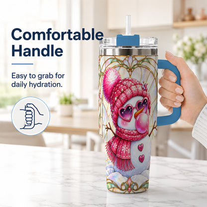 #pl[40oz|Blue] Pink Snowman 40oz Tumbler with Handle, Winter Stainless Steel Travel Cup