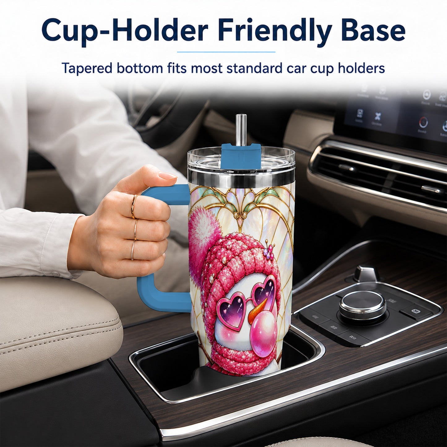 #pl[40oz|Blue] Pink Snowman 40oz Tumbler with Handle, Winter Stainless Steel Travel Cup