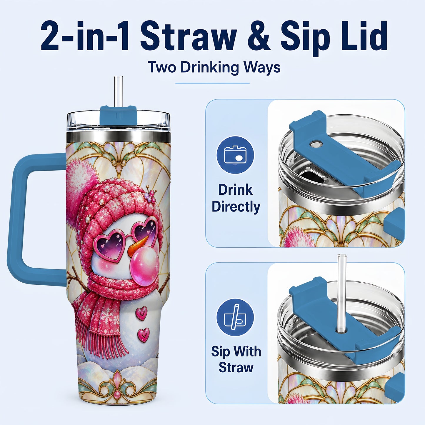 #pl[40oz|Blue] Pink Snowman 40oz Tumbler with Handle, Winter Stainless Steel Travel Cup
