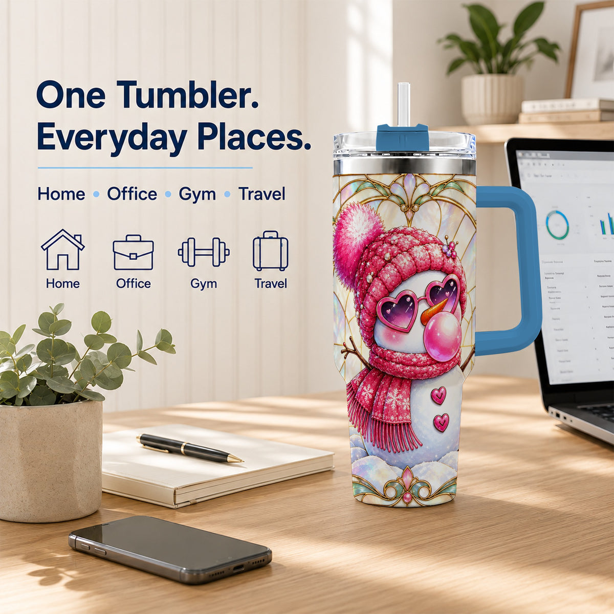 #pl[40oz|Blue] Pink Snowman 40oz Tumbler with Handle, Winter Stainless Steel Travel Cup