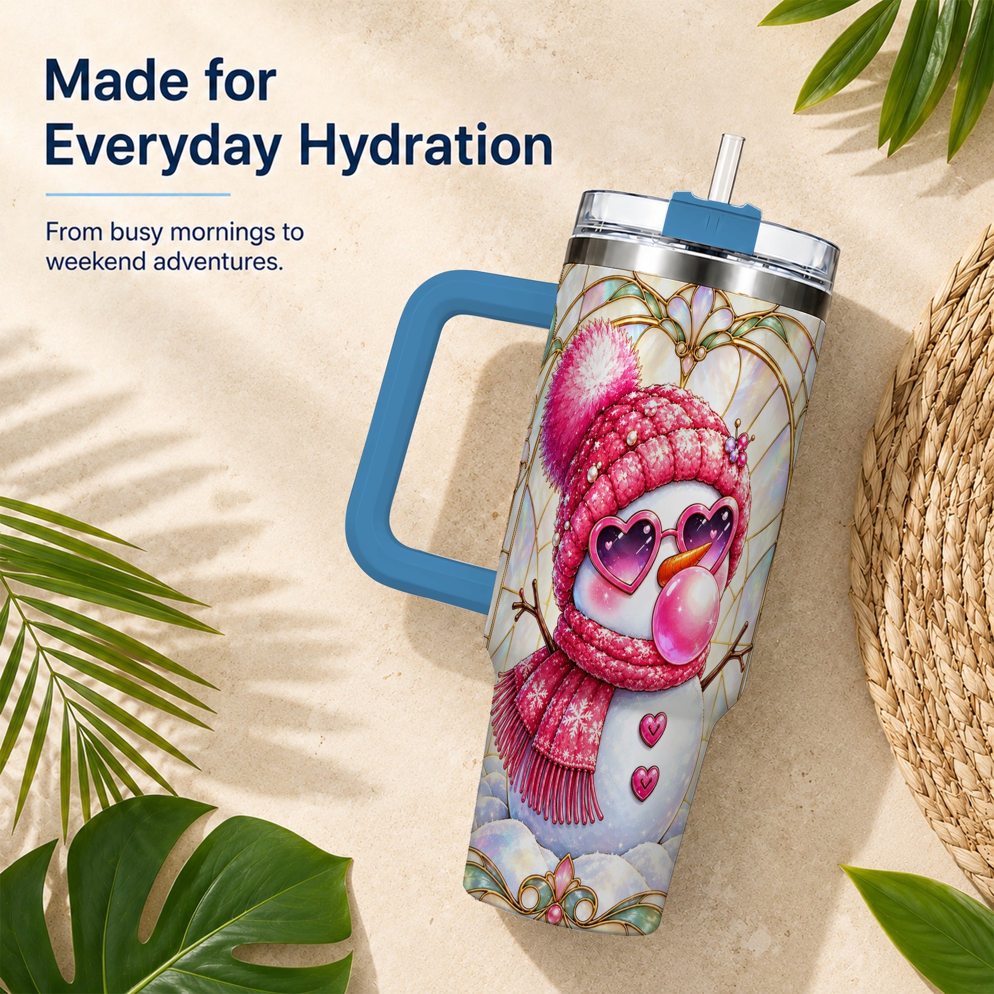 #pl[40oz|Blue] Pink Snowman 40oz Tumbler with Handle, Winter Stainless Steel Travel Cup