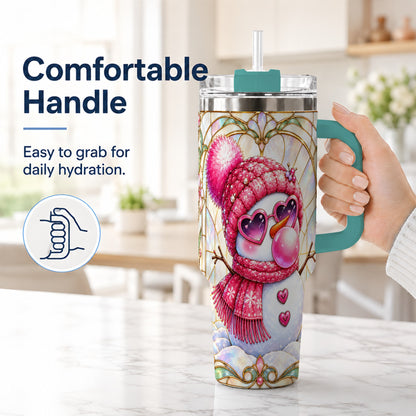 #pl[40oz|Green] Pink Snowman 40oz Tumbler with Handle, Winter Stainless Steel Travel Cup