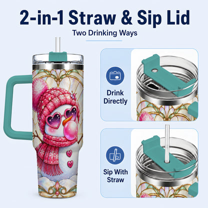 #pl[40oz|Green] Pink Snowman 40oz Tumbler with Handle, Winter Stainless Steel Travel Cup