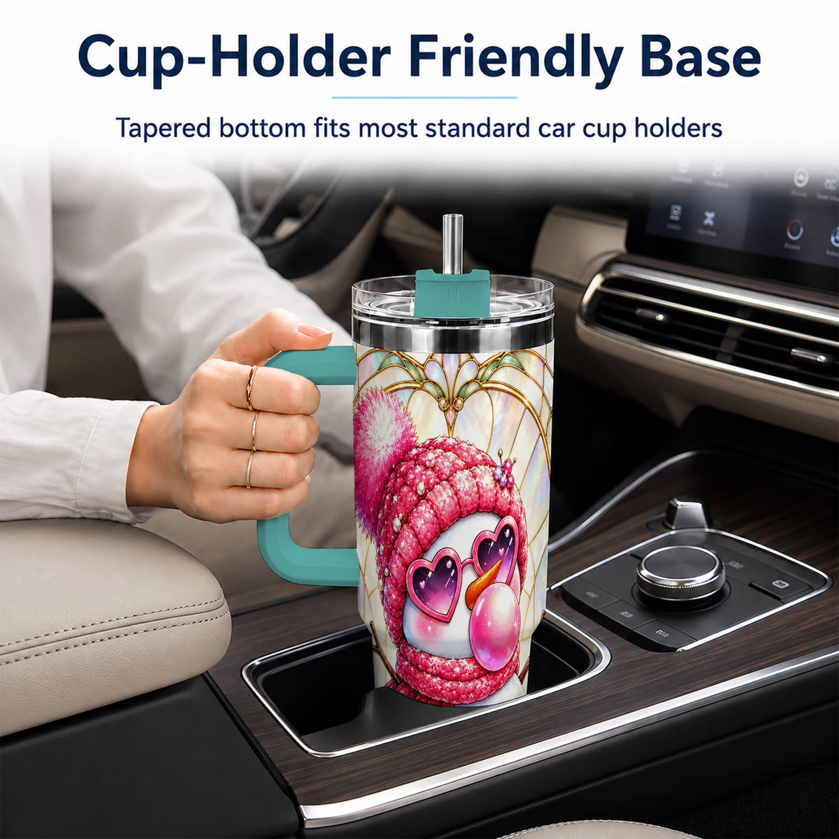 #pl[40oz|Green] Pink Snowman 40oz Tumbler with Handle, Winter Stainless Steel Travel Cup