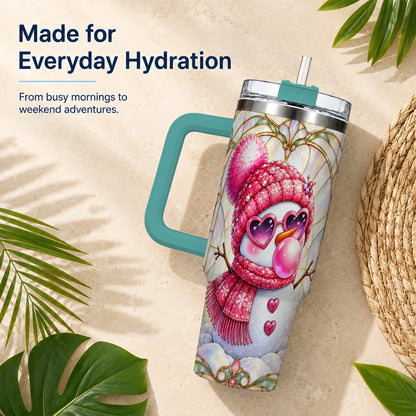 #pl[40oz|Green] Pink Snowman 40oz Tumbler with Handle, Winter Stainless Steel Travel Cup