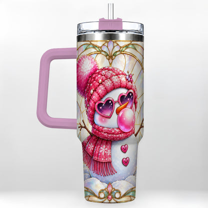#pl[40oz|Pink] Pink Snowman 40oz Tumbler with Handle, Winter Stainless Steel Travel Cup