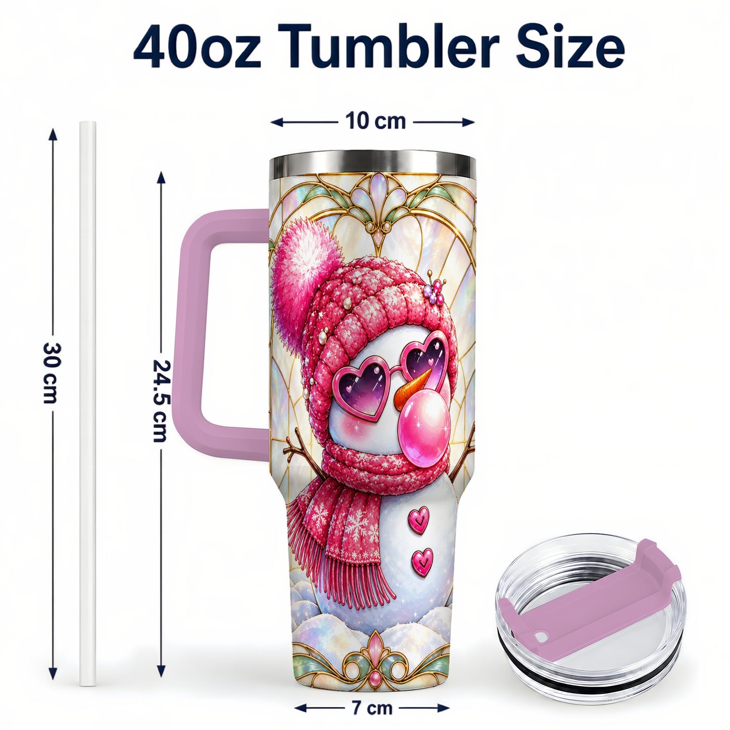 #pl[40oz|Pink] Pink Snowman 40oz Tumbler with Handle, Winter Stainless Steel Travel Cup