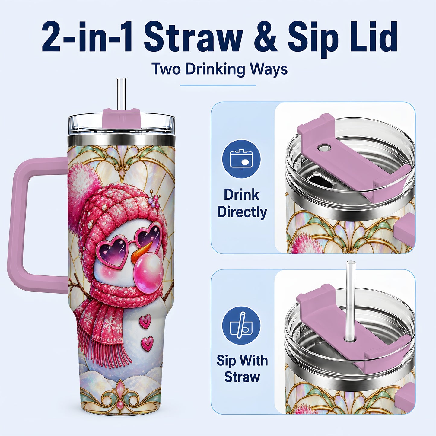 #pl[40oz|Pink] Pink Snowman 40oz Tumbler with Handle, Winter Stainless Steel Travel Cup