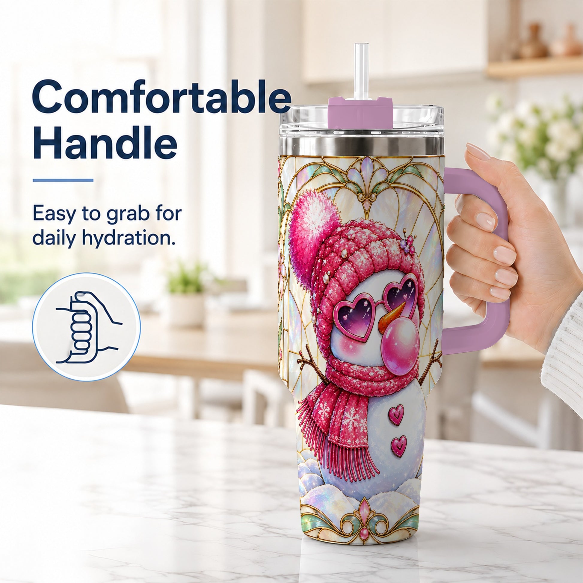 #pl[40oz|Pink] Pink Snowman 40oz Tumbler with Handle, Winter Stainless Steel Travel Cup