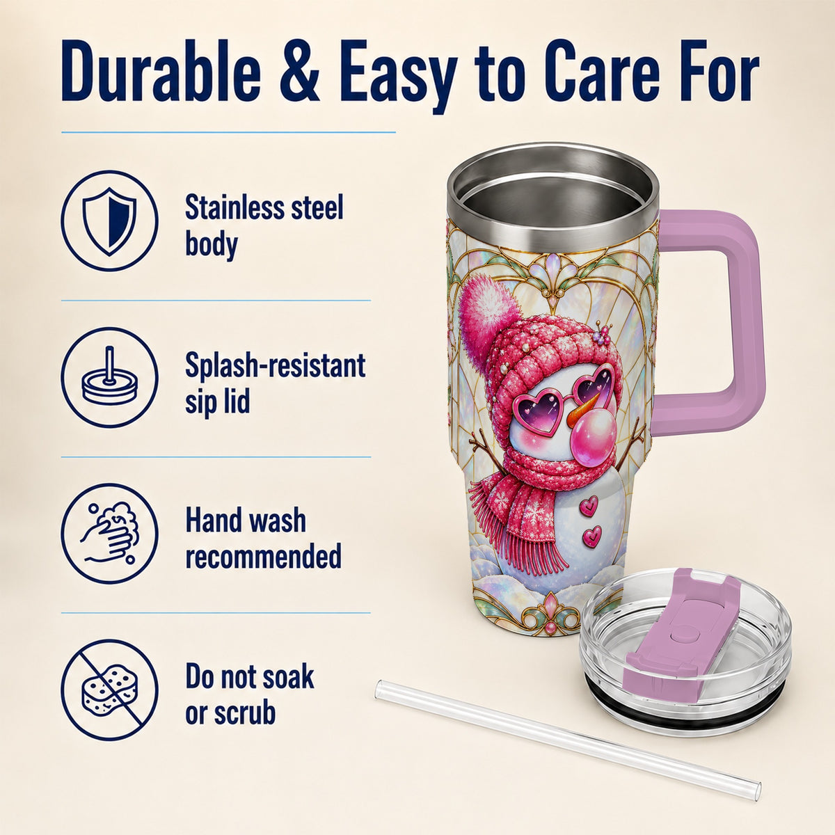 #pl[40oz|Pink] Pink Snowman 40oz Tumbler with Handle, Winter Stainless Steel Travel Cup