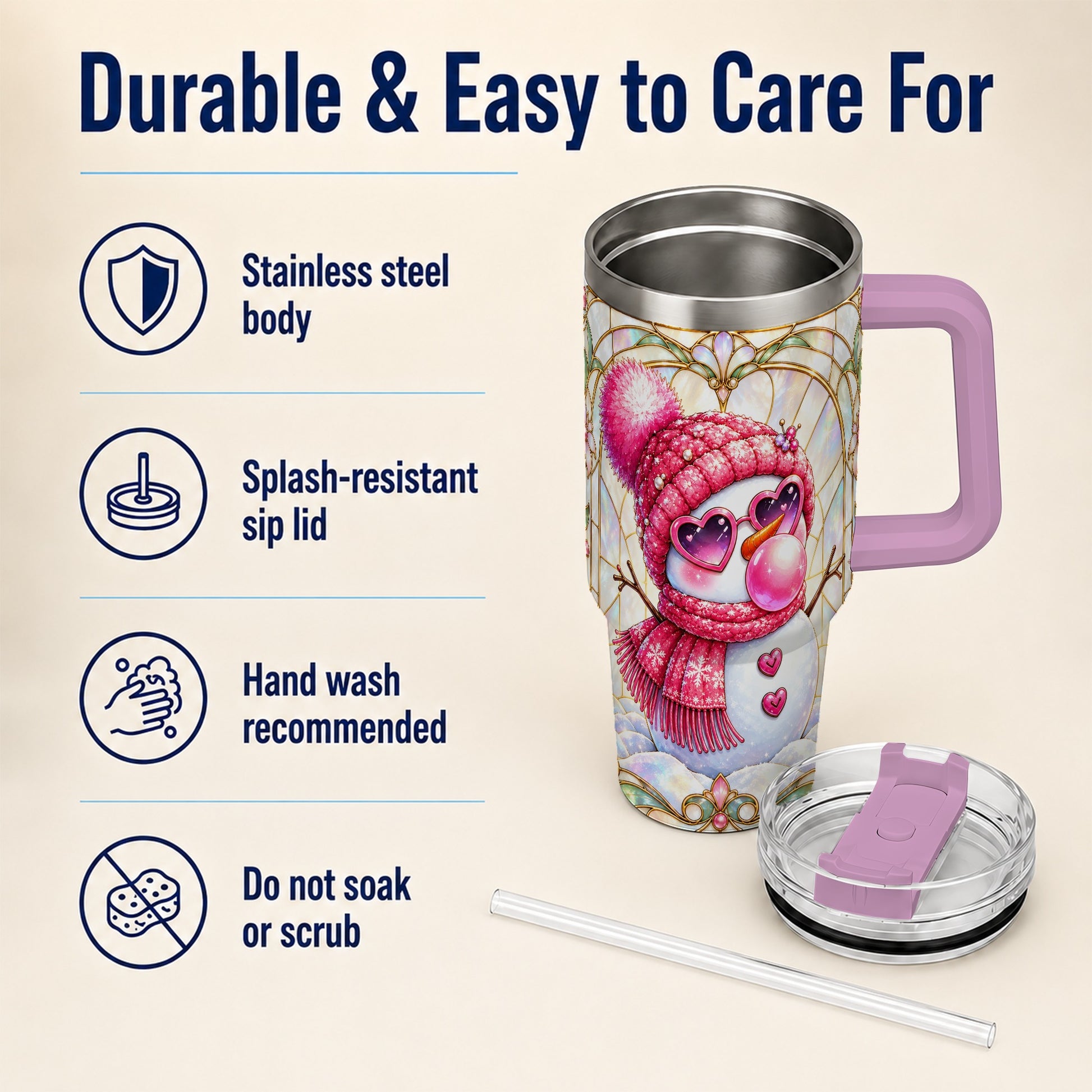 #pl[40oz|Pink] Pink Snowman 40oz Tumbler with Handle, Winter Stainless Steel Travel Cup