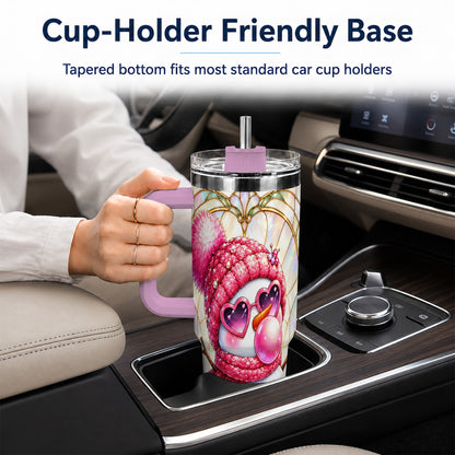 #pl[40oz|Pink] Pink Snowman 40oz Tumbler with Handle, Winter Stainless Steel Travel Cup
